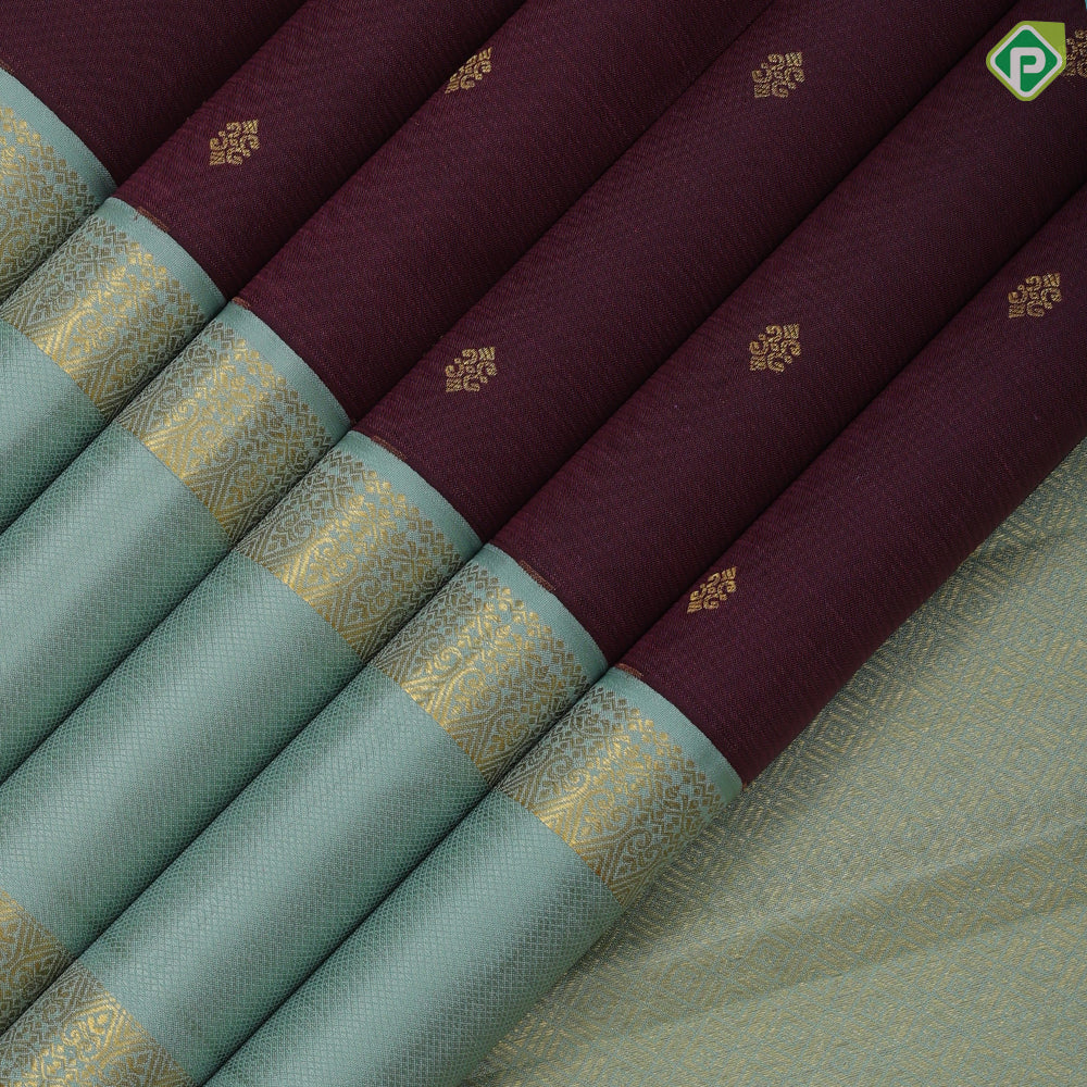 Dark Maroon Gold Zari Small Flower Motif Design Light Green Rettapet Mayilkan Border Design Traditional Silk Saree