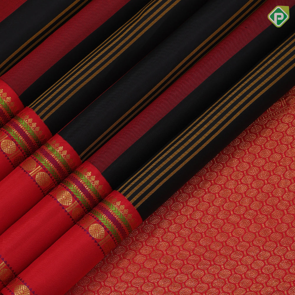 Luxury black with maroon and golden yellow stripes design gold zari with silk thread lines retta pett ganga jamuna border silk saree