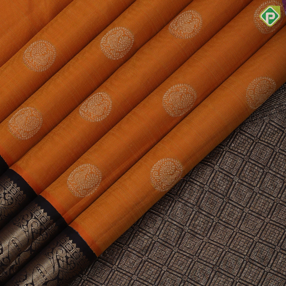 Mustard Yellow Gold Zari Peacock Circle Design Dark Coffee Brown Yazhi Peacock Border Design Traditional Silk Saree