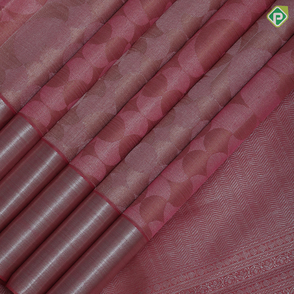 Peach pink base silver zari bubble tissue weaved self silver zari bavanji border trendy designer silk saree