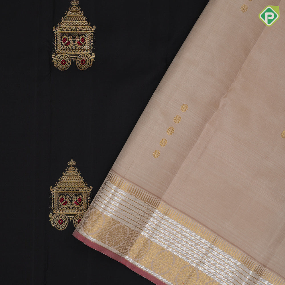 Luxury black gold zari chariot meena work design peach silver gold zari flower and lines border traditional silk saree