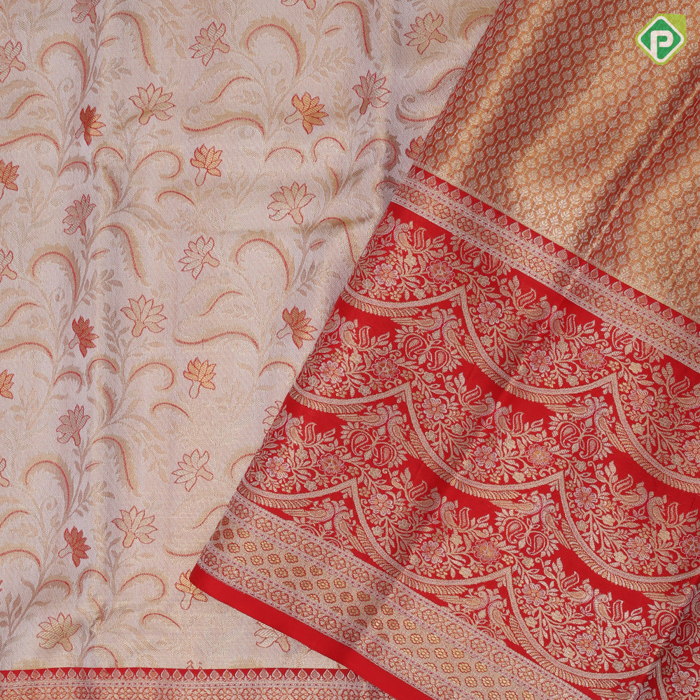 Cream White Gold Zari Floral Design Red Chilli Colour Floral Border  Design Wedding Silk Saree