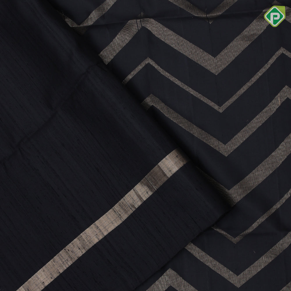 Black silver gold zari zig zag full body design self gold zari dividing plain border soft silk saree