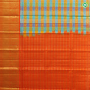 Multi color checks gold zari checks and gaja yaali butta orange with gold zari double design border tissue pattu paavadai