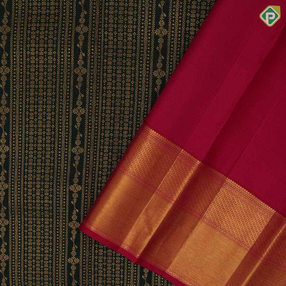 Bottle Green Gold Zari Floral Brocade Design Dark Pink Ruthracham Bavanji Border Design Wedding Silk Saree