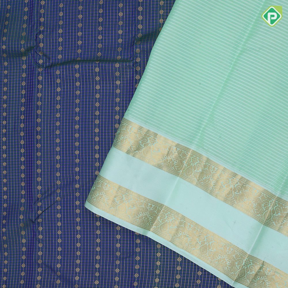 Peacock blue gold zari checks and beads design pista green gold zari rettapet border gift silk saree