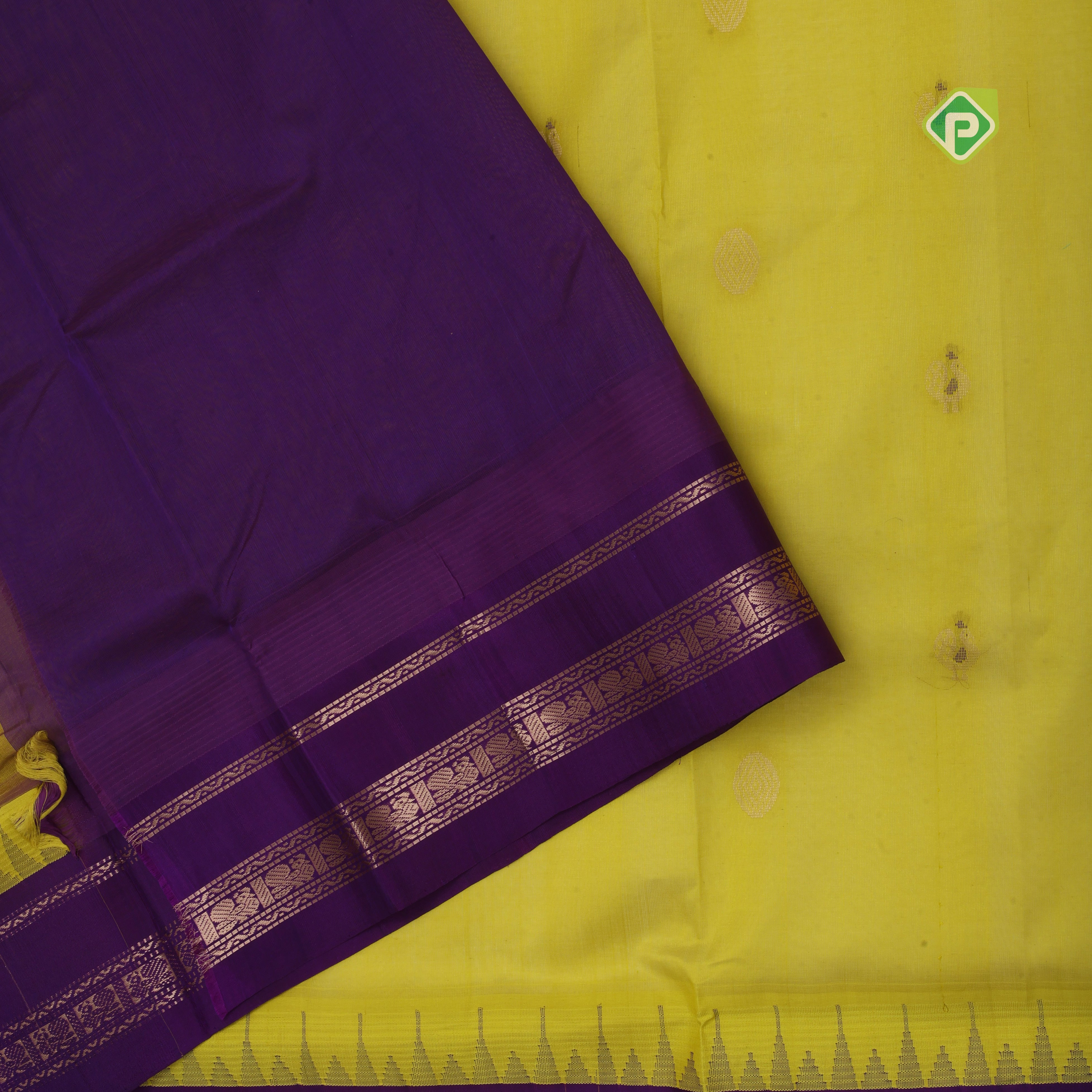 Lemon green with zari butta meena work purple gold zari border kuppadam silk cotton saree