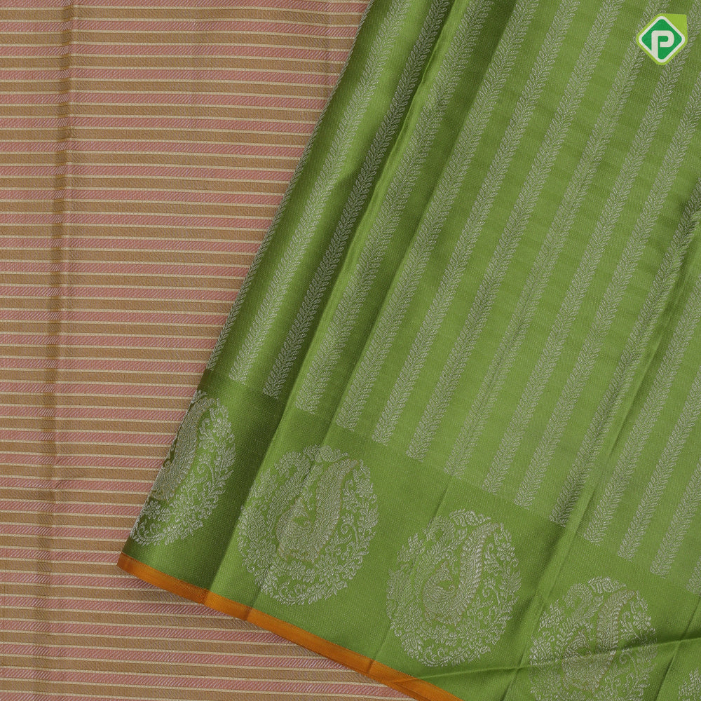 cream colour shades with silver gold zari thread work lines contrast leaf green silver gold zari fancy annam butta border traditional silk saree
