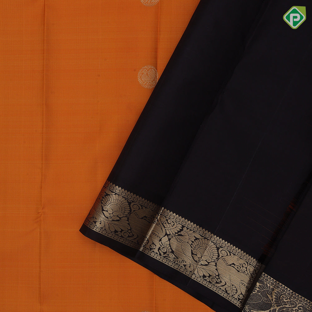 Mustard Yellow Gold Zari Peacock Circle Design Dark Coffee Brown Yazhi Peacock Border Design Traditional Silk Saree