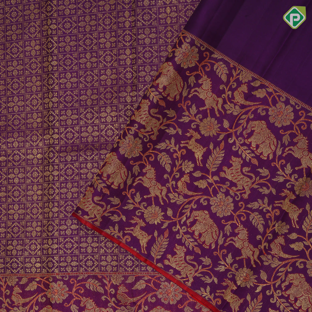Purple base gold zari brocade body design self gold zari Vanasingaram meena work design border wedding silk saree