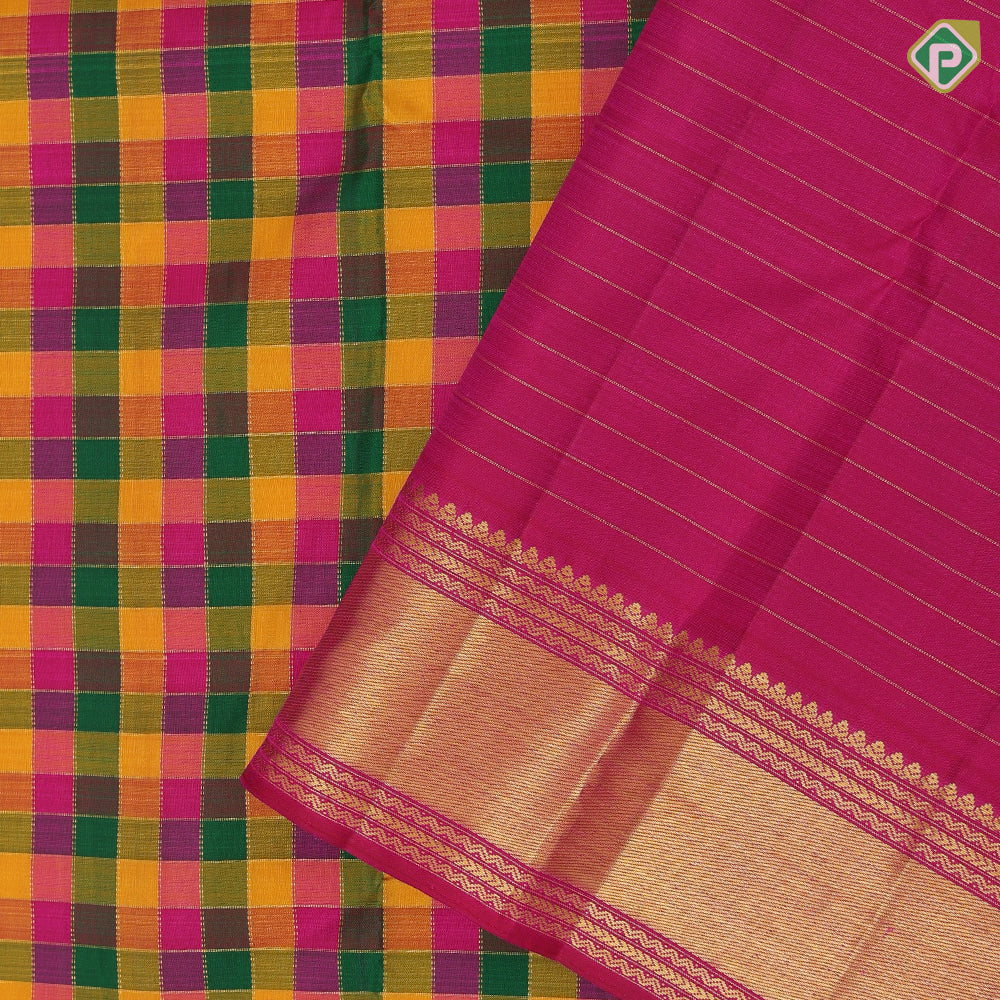Multi color gold zari padded checked design self gold zari bavanji border paalum pazhamum traditional silk saree
