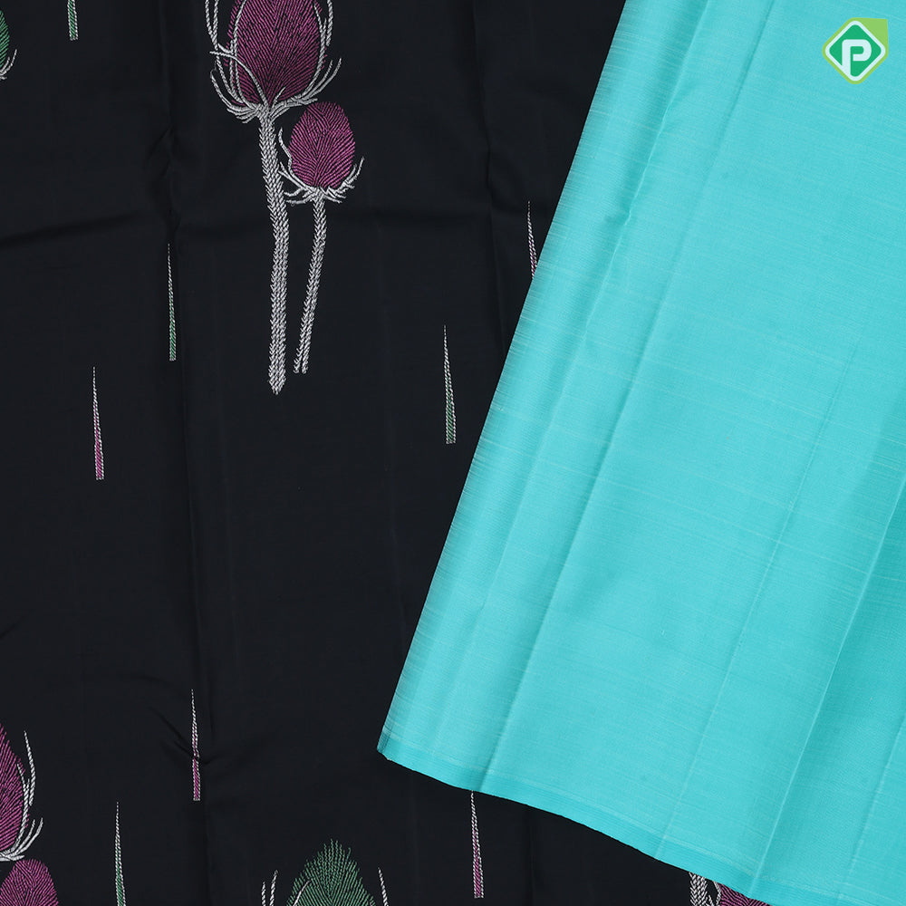 Black Colour Silver Zari Peacock Feather Butta Design Border Less Luxury Black Silk Saree