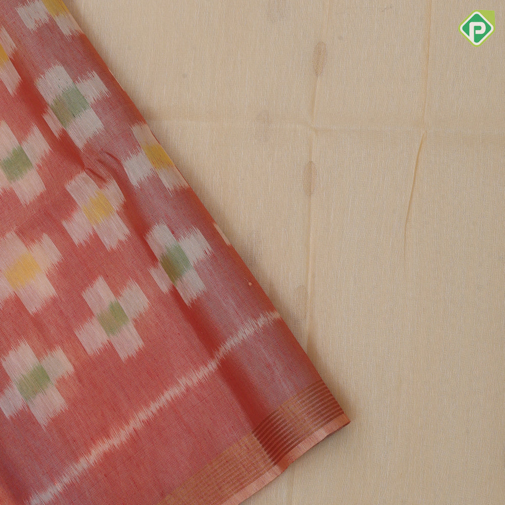 creamy sandal gold zari chakkaram butta motifs self gold zari border ikkat style pallu linen soft silk saree