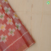 creamy sandal gold zari chakkaram butta motifs self gold zari border ikkat style pallu linen soft silk saree
