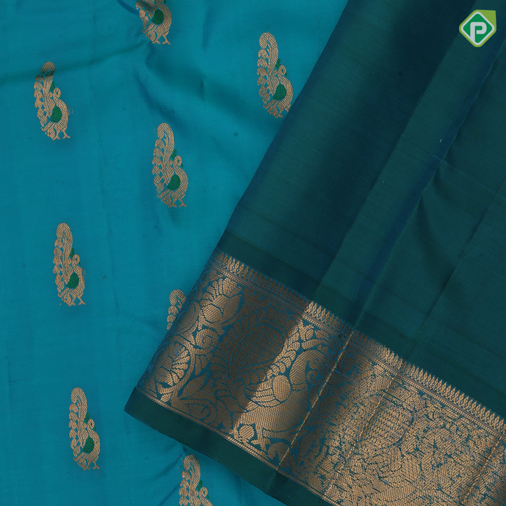 Peacock Blue Gold Zari Peacock Motif Design Green Mango Peacock Border Design Pure Mix Silk Saree