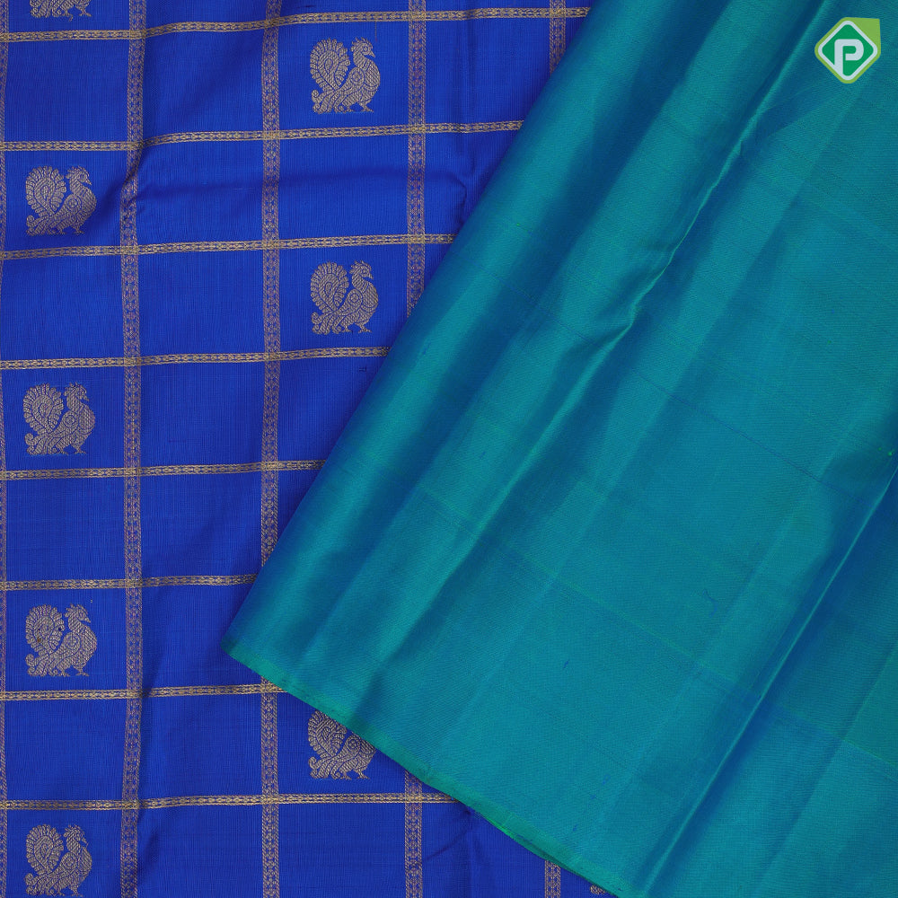 Royal blue gold zari peacock butta window panel kattam peacock green gold zari banaras style border Navratri special silk saree