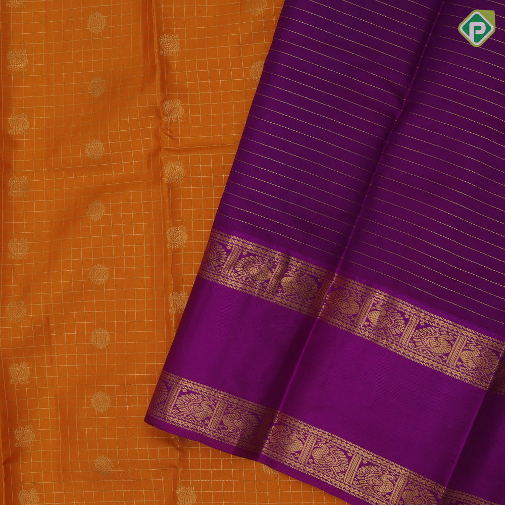 Mustard Yellow Gold Zari Small Checks Chagaram Peacock Design Hot Pink Peacock Border Design Traditional Silk Saree