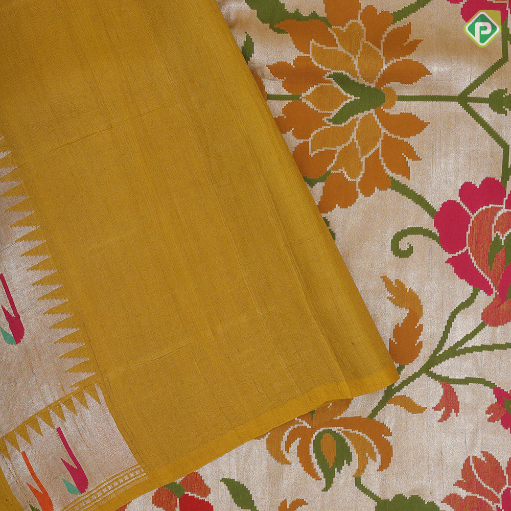 Mustard yellow with multi color meena work banaras design self designed border tusser tissue saree