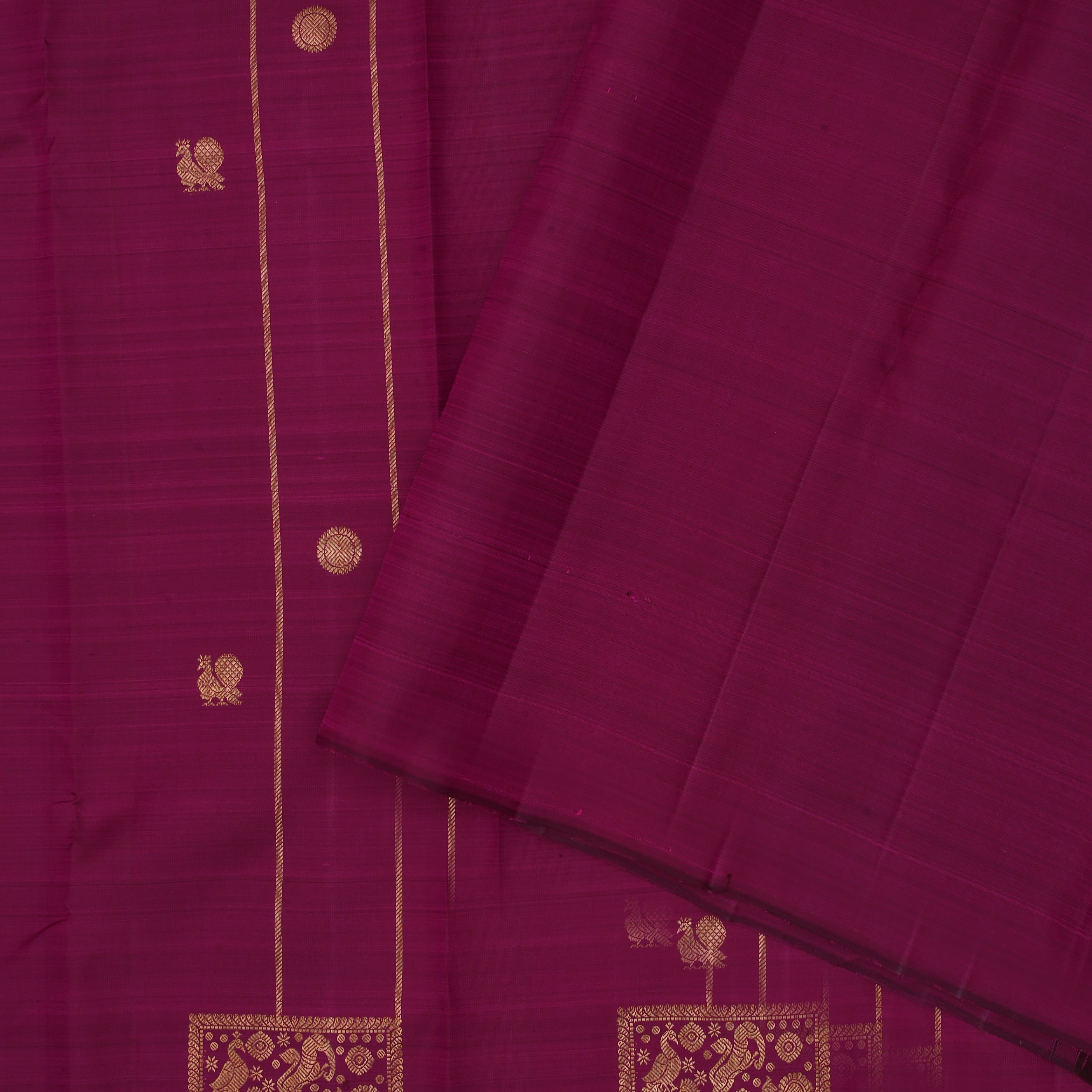 Purple gold zari peacock chakram lines vanasingaram box borderless trendy designer silk saree