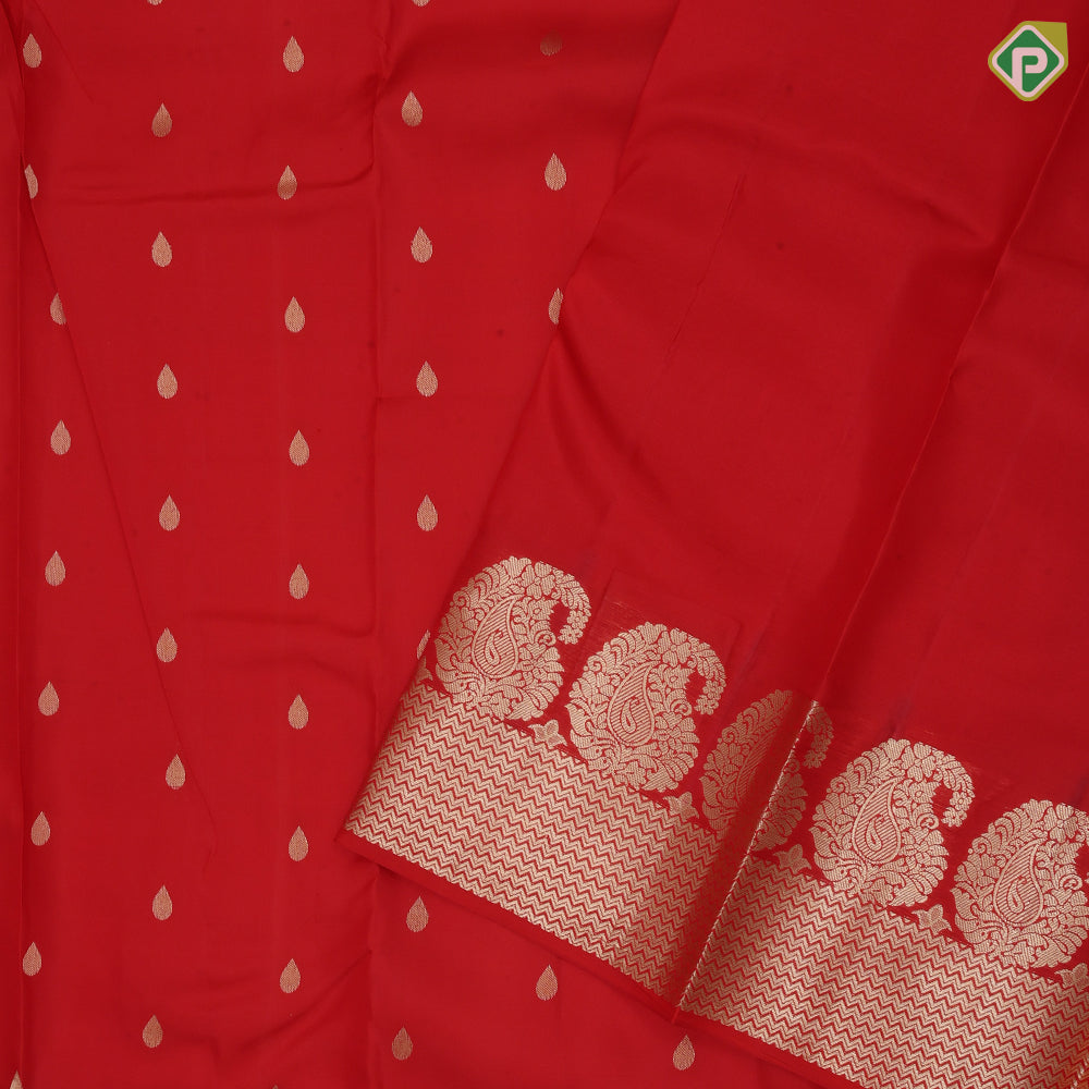 Sendoram red gold zari small thilagam butta self gold zari zig zag and mango border traditional silk saree