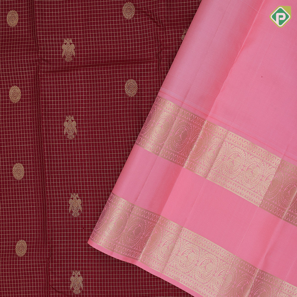 dark maroon gold zari kaatam butta design pale pink gold zari retta pett border traditional silk saree