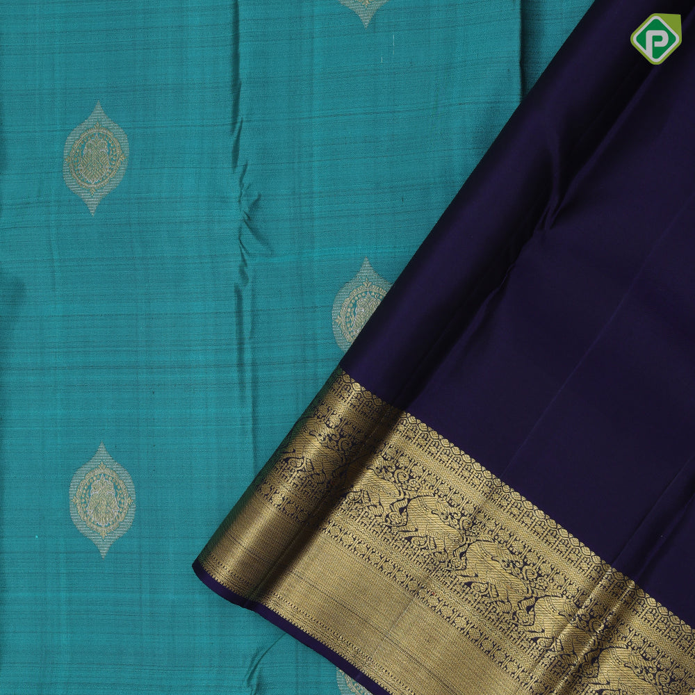 Teal green silver and gold zari double parrot round butta purple blue gold zari yaali butta border traditional silk saree