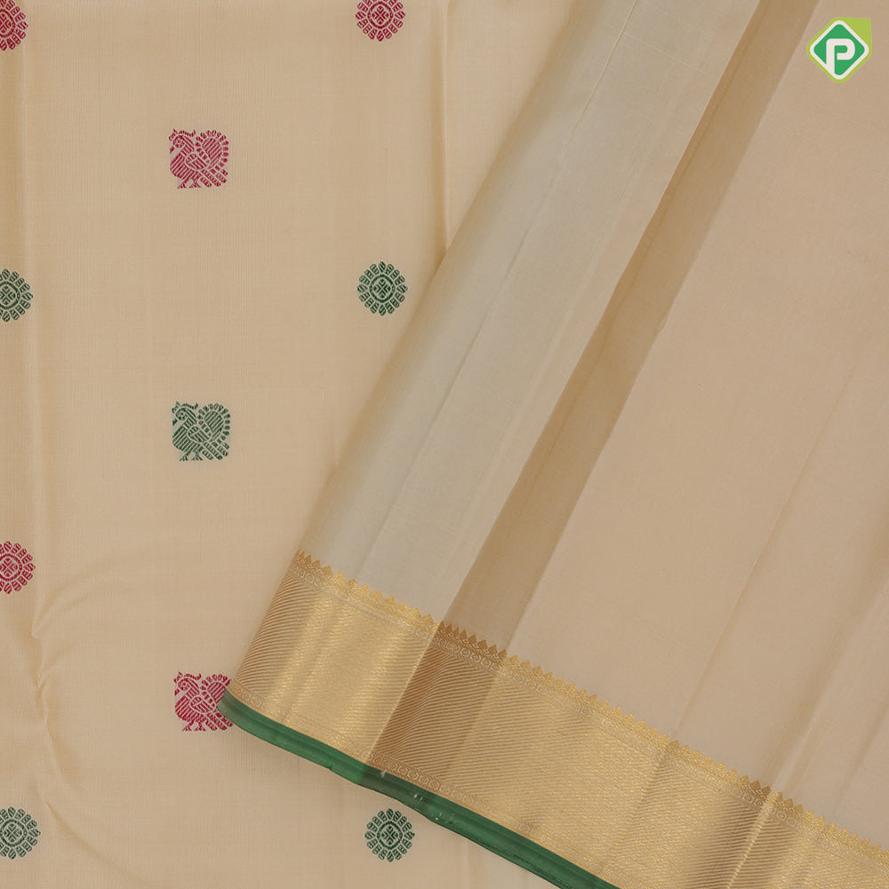 Sandal and multi color silk thread peacock chakkaram butta self gold zari and green edge border traditional silk saree