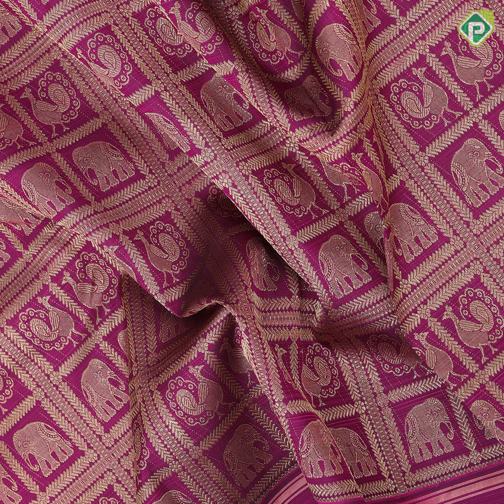 Purple gold zari elephant peacock butta checks self peacock chakkaram butta high border signature silk saree