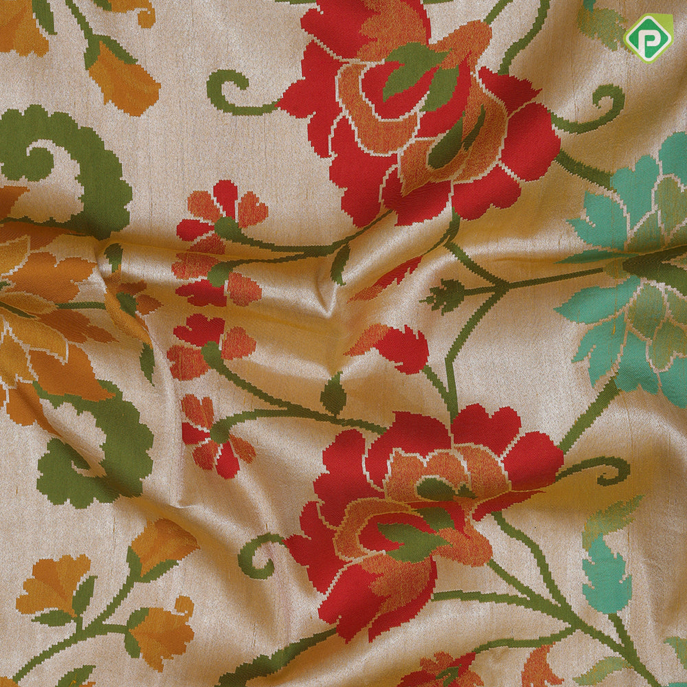 Mustard yellow with multi color meena work banaras design self designed border tusser tissue saree