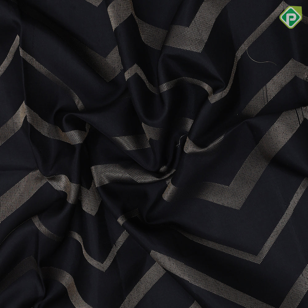 Black silver gold zari zig zag full body design self gold zari dividing plain border soft silk saree