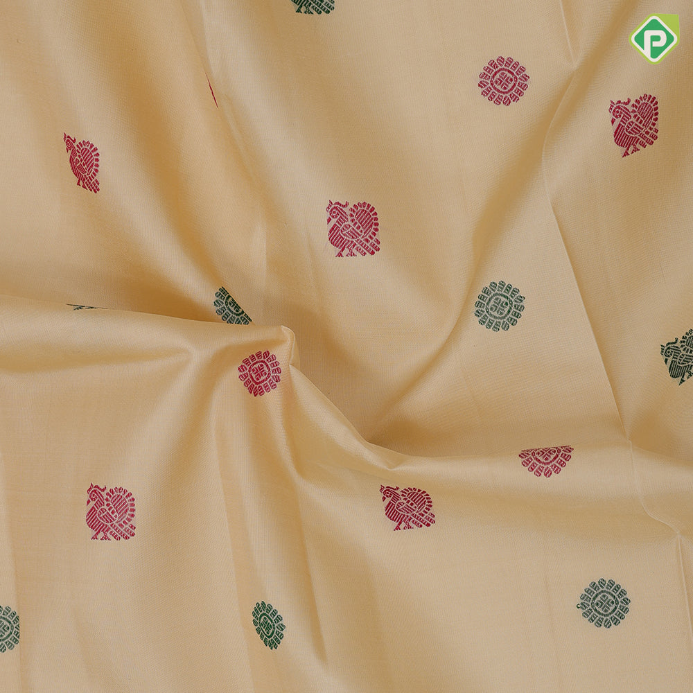 Sandal and multi color silk thread peacock chakkaram butta self gold zari and green edge border traditional silk saree