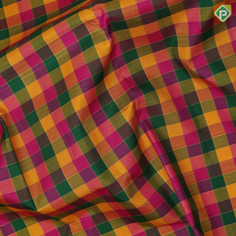 Multi color gold zari padded checked design self gold zari bavanji border paalum pazhamum traditional silk saree