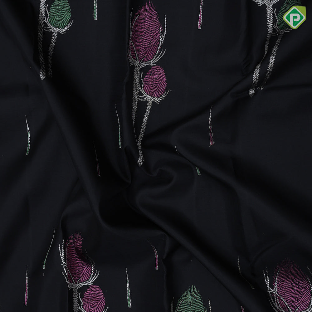 Black Colour Silver Zari Peacock Feather Butta Design Border Less Luxury Black Silk Saree