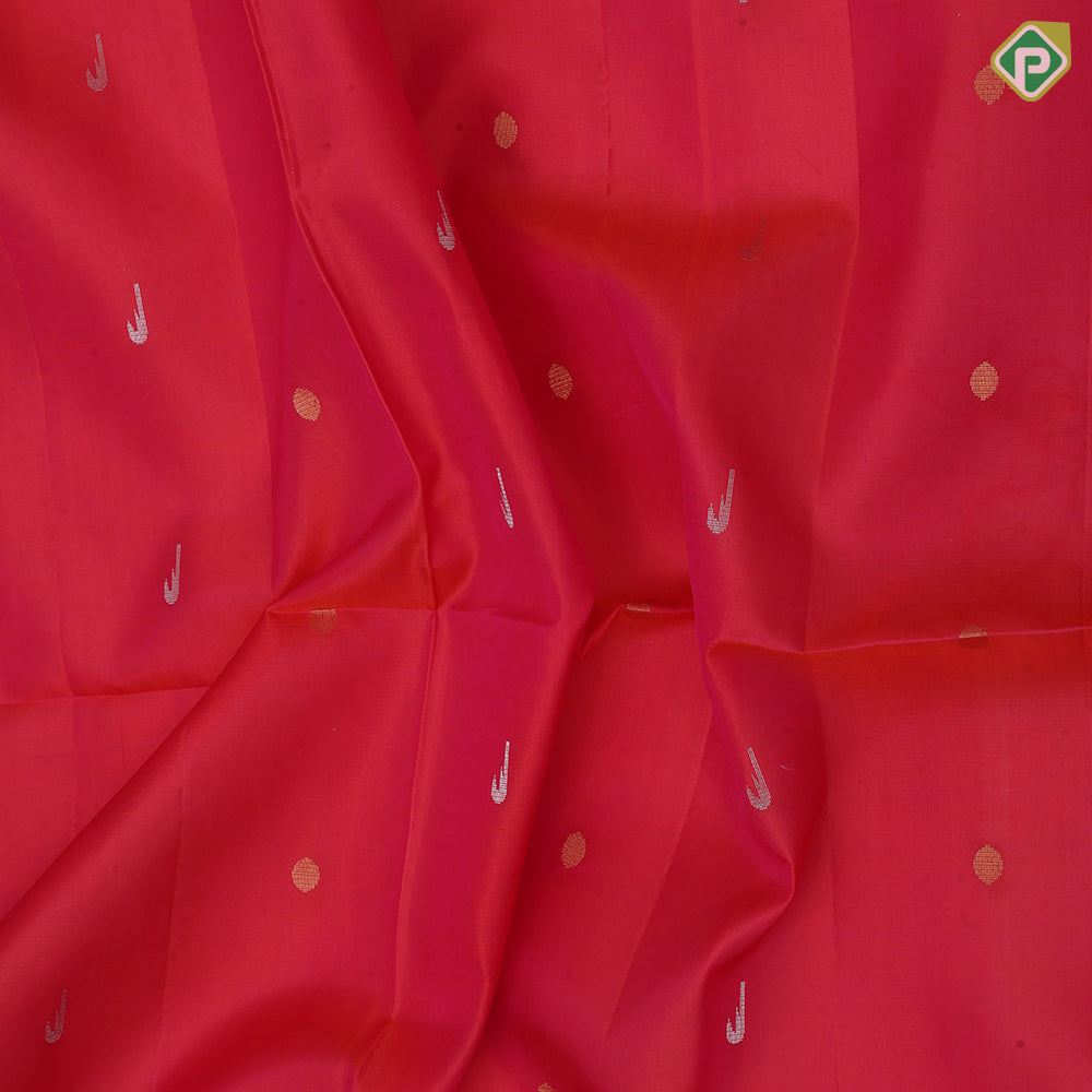 reddish pink hocky stick and ball design rani pink silver gold zari wave and rangoli border soft silk saree