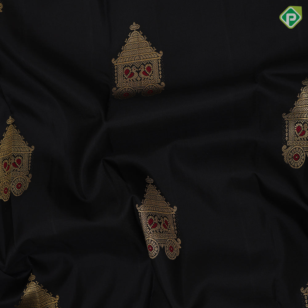 Luxury black gold zari chariot meena work design peach silver gold zari flower and lines border traditional silk saree