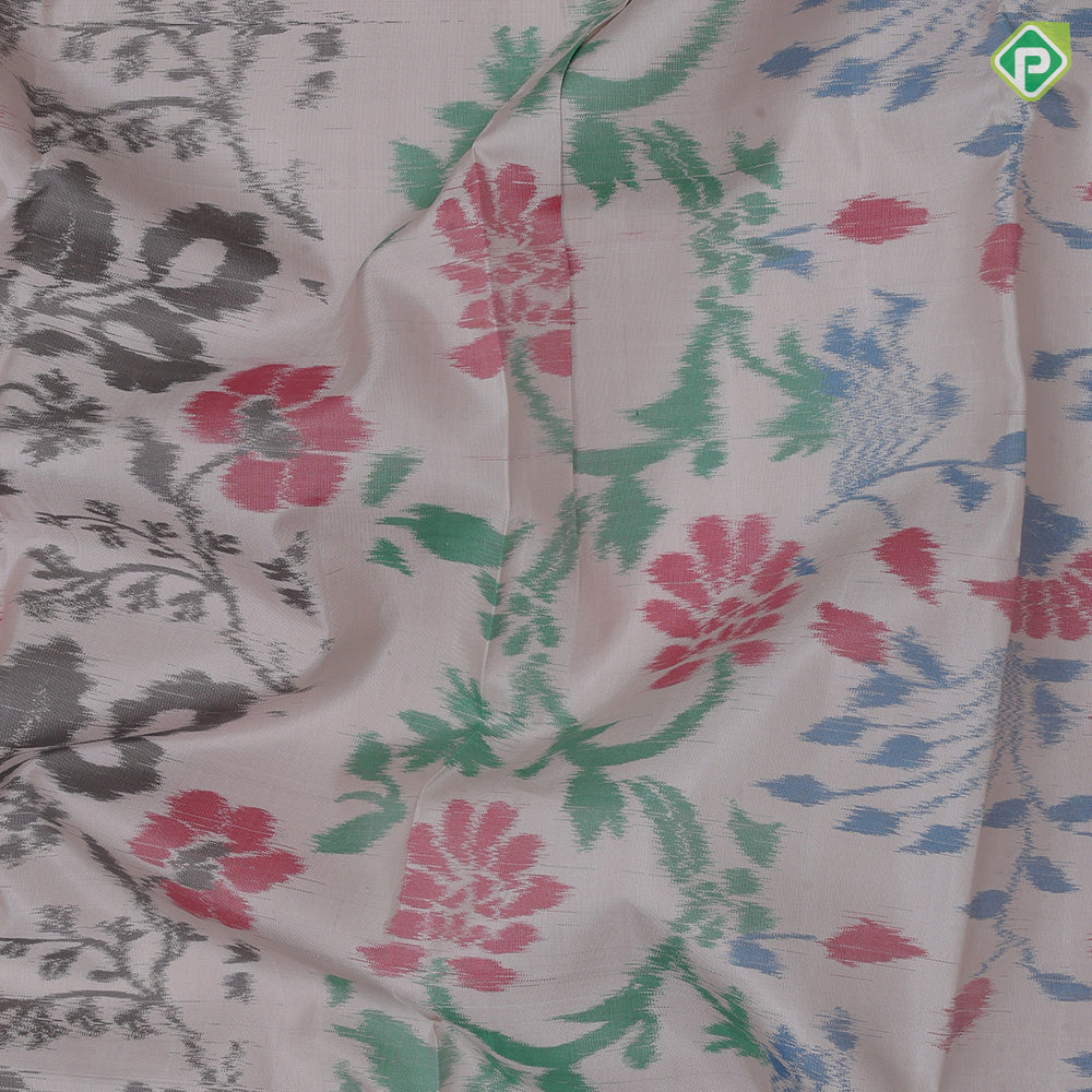 creamy peach multi color floral digital design self silver zari meena work border ikkat design silk saree