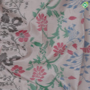 creamy peach multi color floral digital design self silver zari meena work border ikkat design silk saree