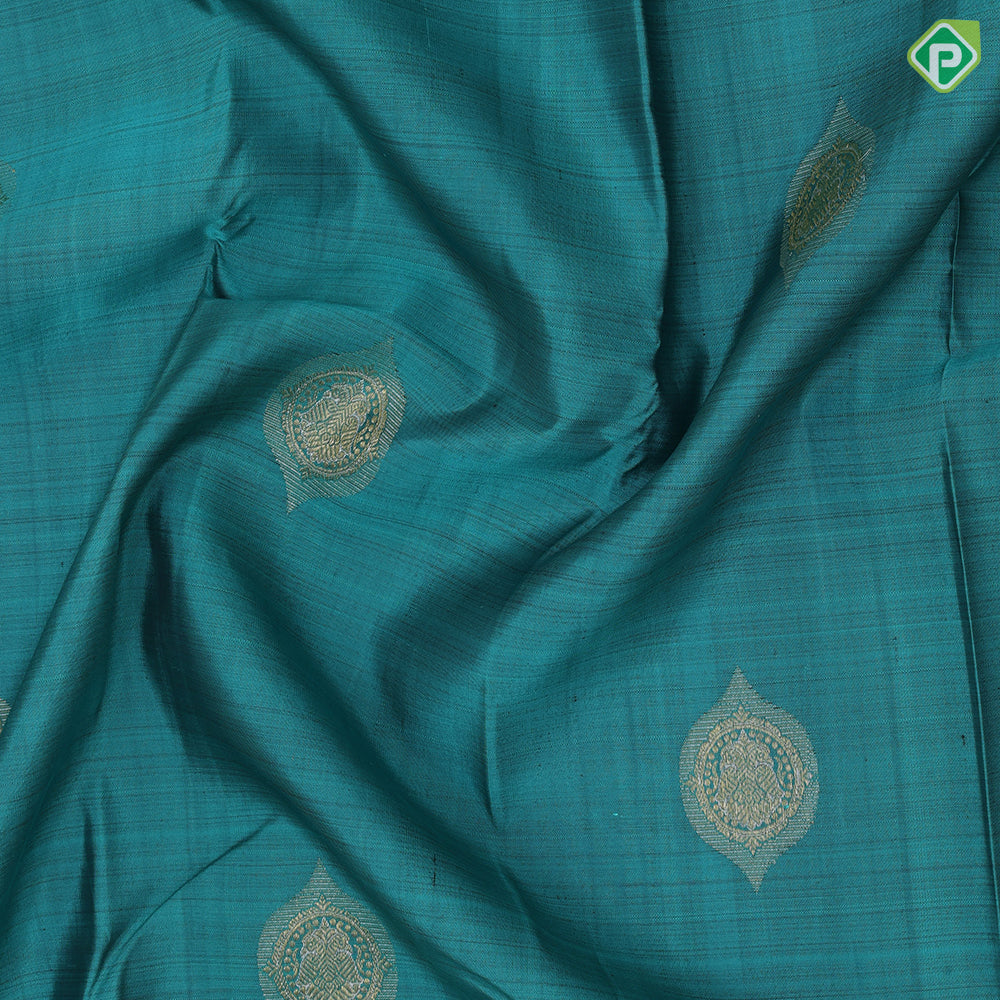 Teal green silver and gold zari double parrot round butta purple blue gold zari yaali butta border traditional silk saree