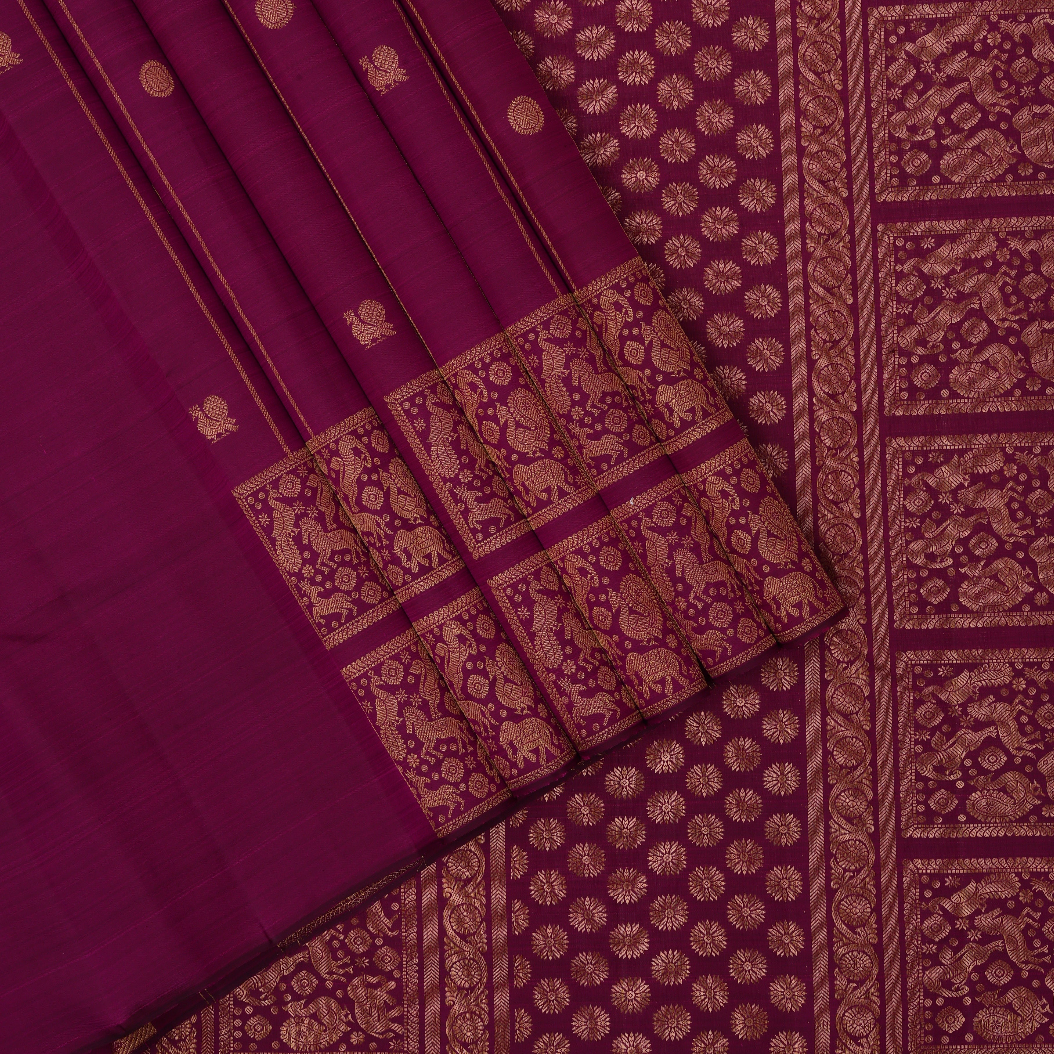 Purple gold zari peacock chakram lines vanasingaram box borderless trendy designer silk saree