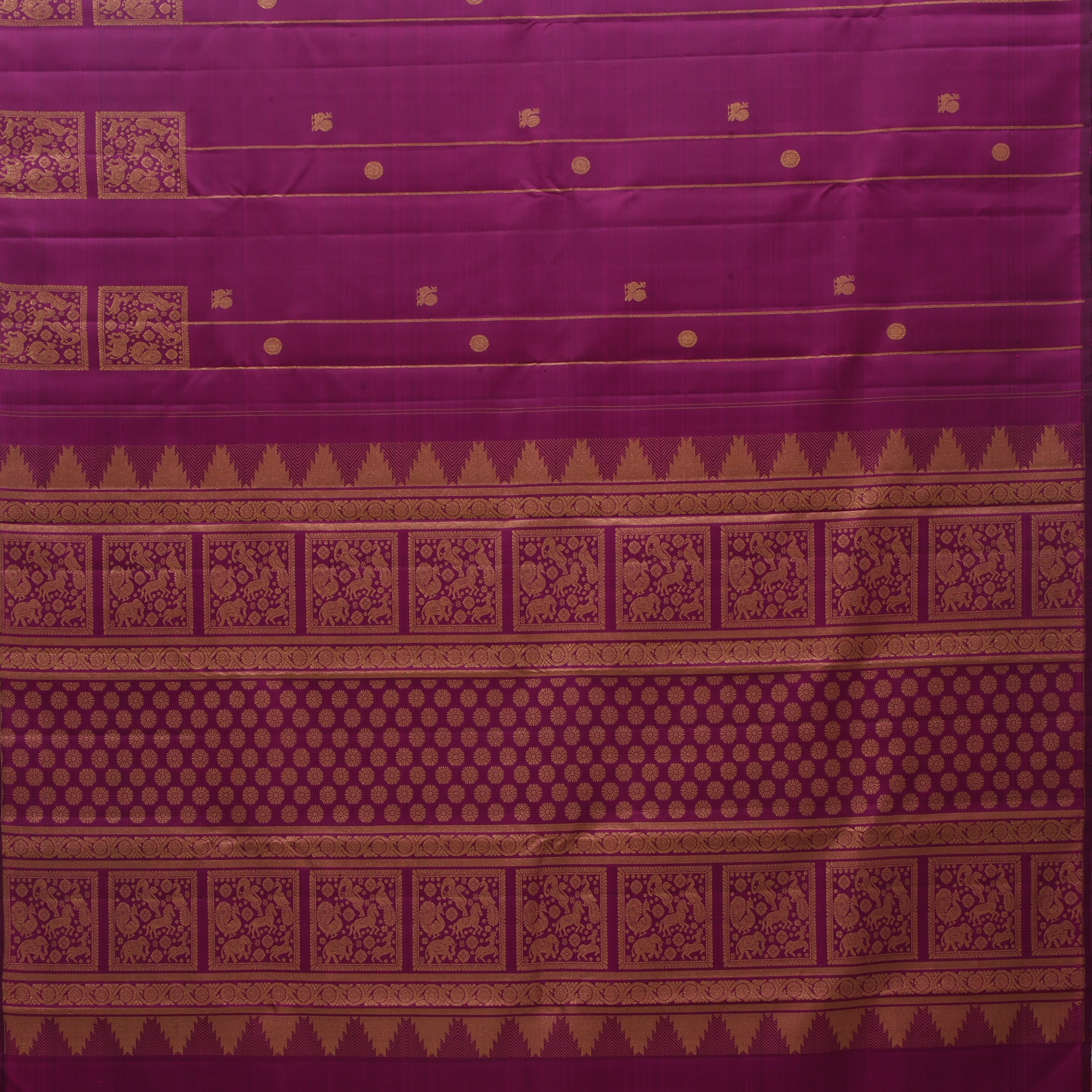 Purple gold zari peacock chakram lines vanasingaram box borderless trendy designer silk saree