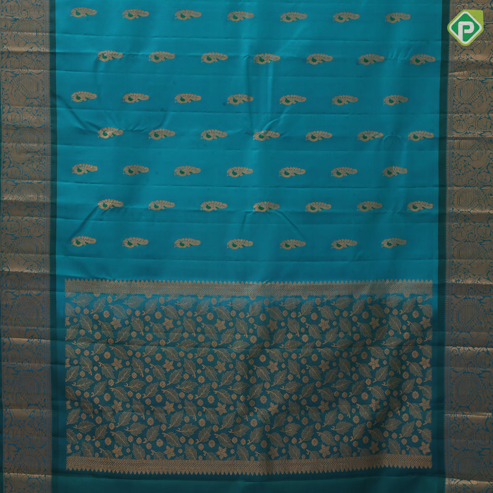Peacock Blue Gold Zari Peacock Motif Design Green Mango Peacock Border Design Pure Mix Silk Saree