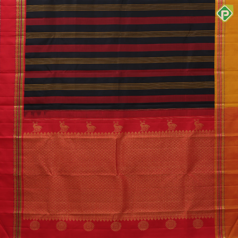 Luxury black with maroon and golden yellow stripes design gold zari with silk thread lines retta pett ganga jamuna border silk saree