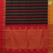 Luxury black with maroon and golden yellow stripes design gold zari with silk thread lines retta pett ganga jamuna border silk saree