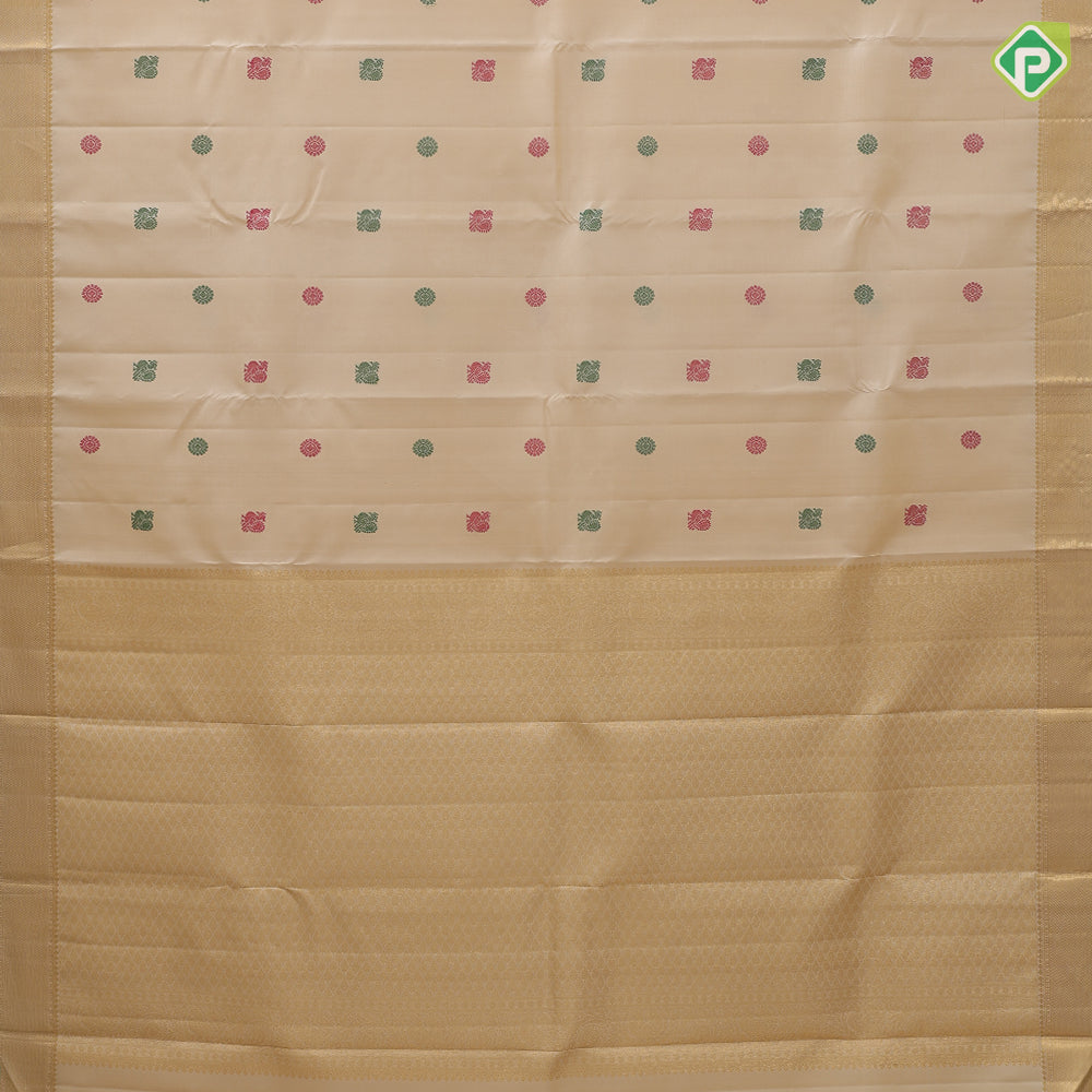 Sandal and multi color silk thread peacock chakkaram butta self gold zari and green edge border traditional silk saree