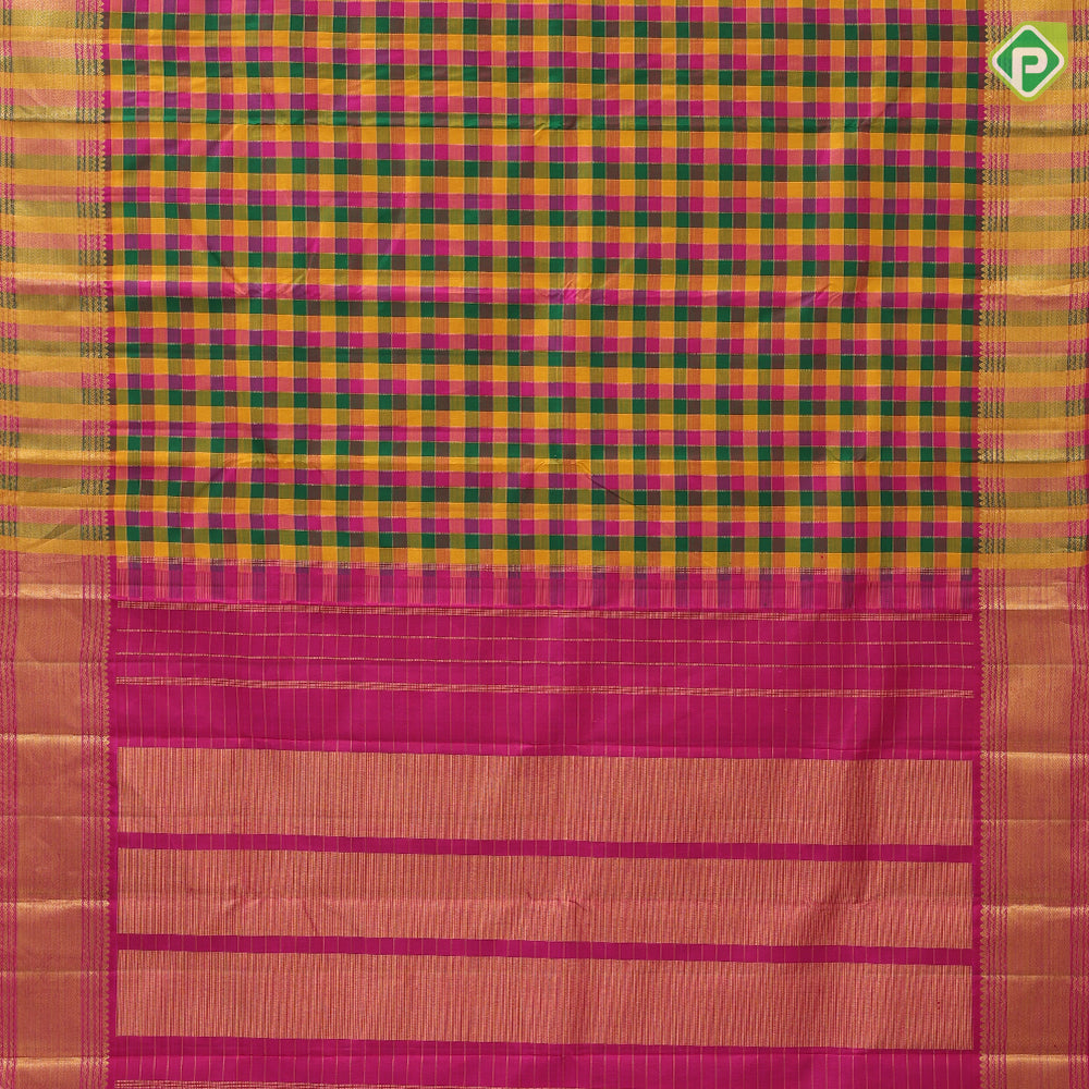 Multi color gold zari padded checked design self gold zari bavanji border paalum pazhamum traditional silk saree