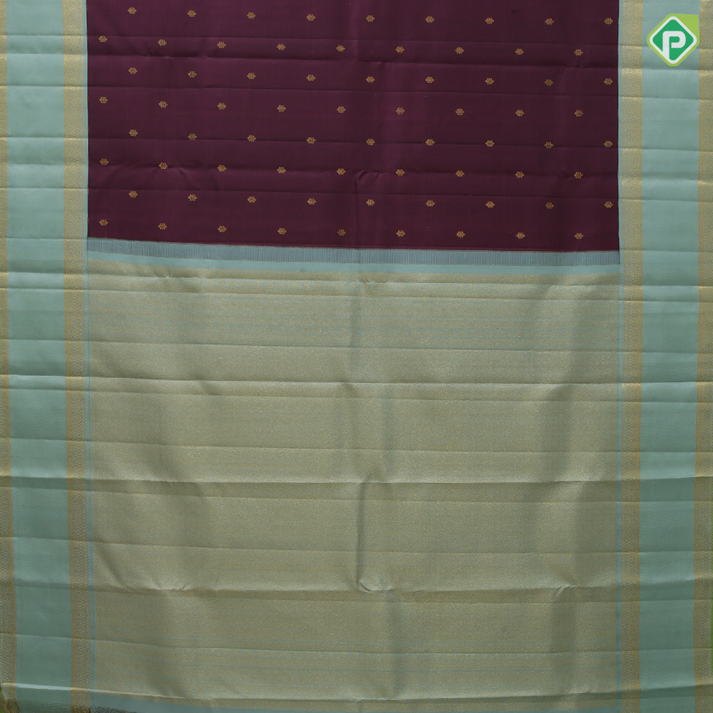 Dark Maroon Gold Zari Small Flower Motif Design Light Green Rettapet Mayilkan Border Design Traditional Silk Saree