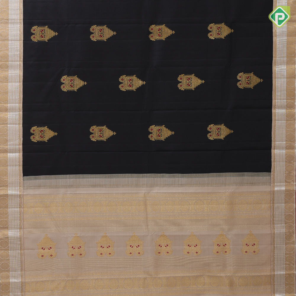 Luxury black gold zari chariot meena work design peach silver gold zari flower and lines border traditional silk saree
