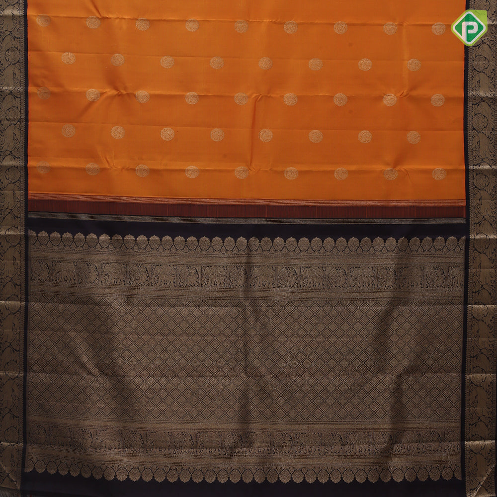 Mustard Yellow Gold Zari Peacock Circle Design Dark Coffee Brown Yazhi Peacock Border Design Traditional Silk Saree