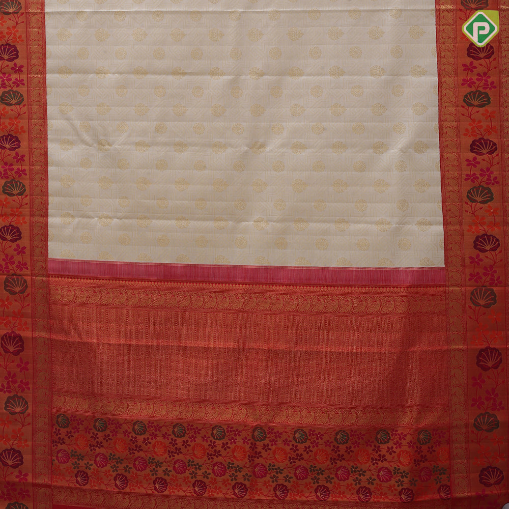 Milk white gold zari rangoli and butta design rani red gold zari mid pythonic meena work border exclusive bridal silk saree