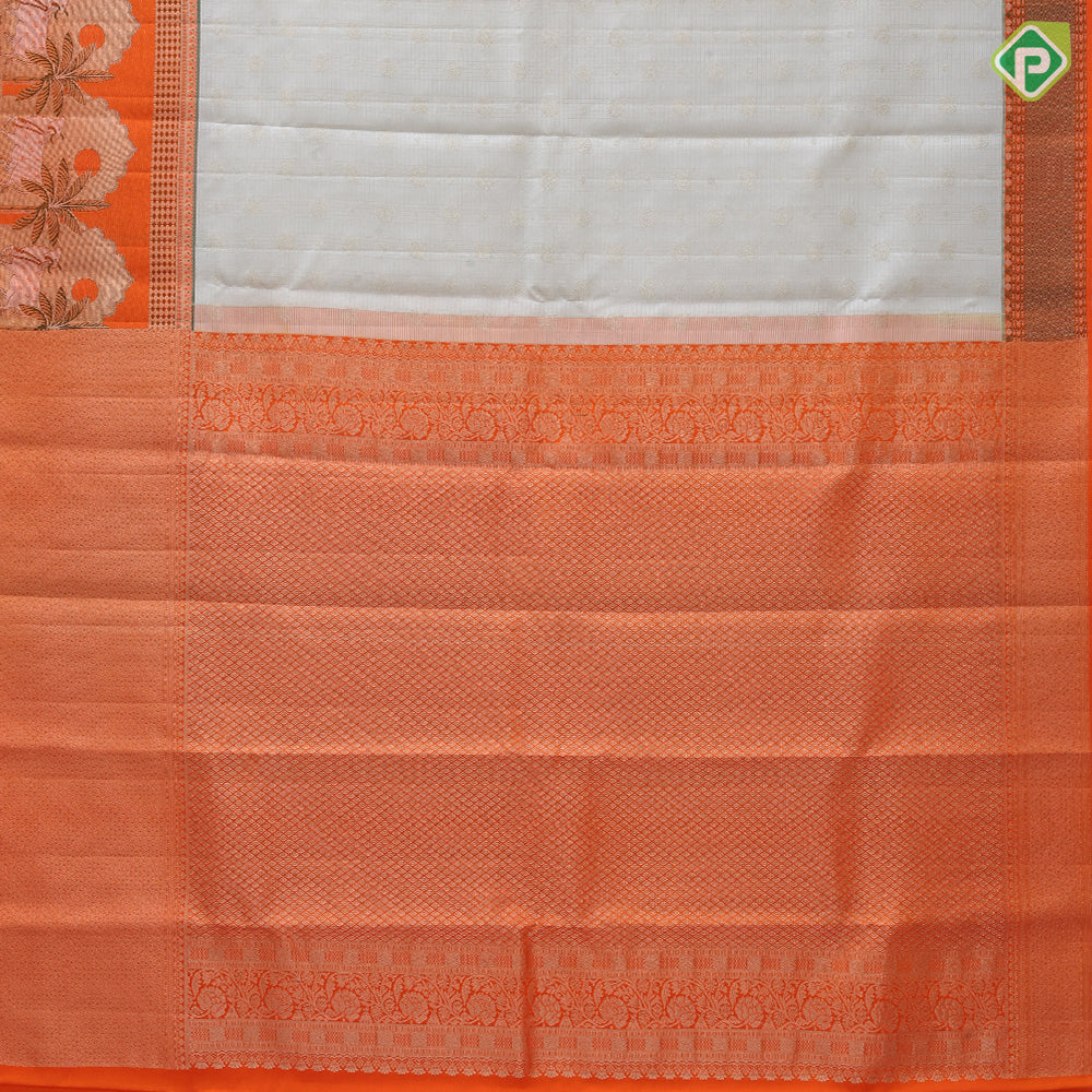 Greyish white silver zari checks and butta motifs contrast orange silver zari village effect pichwai border silk saree